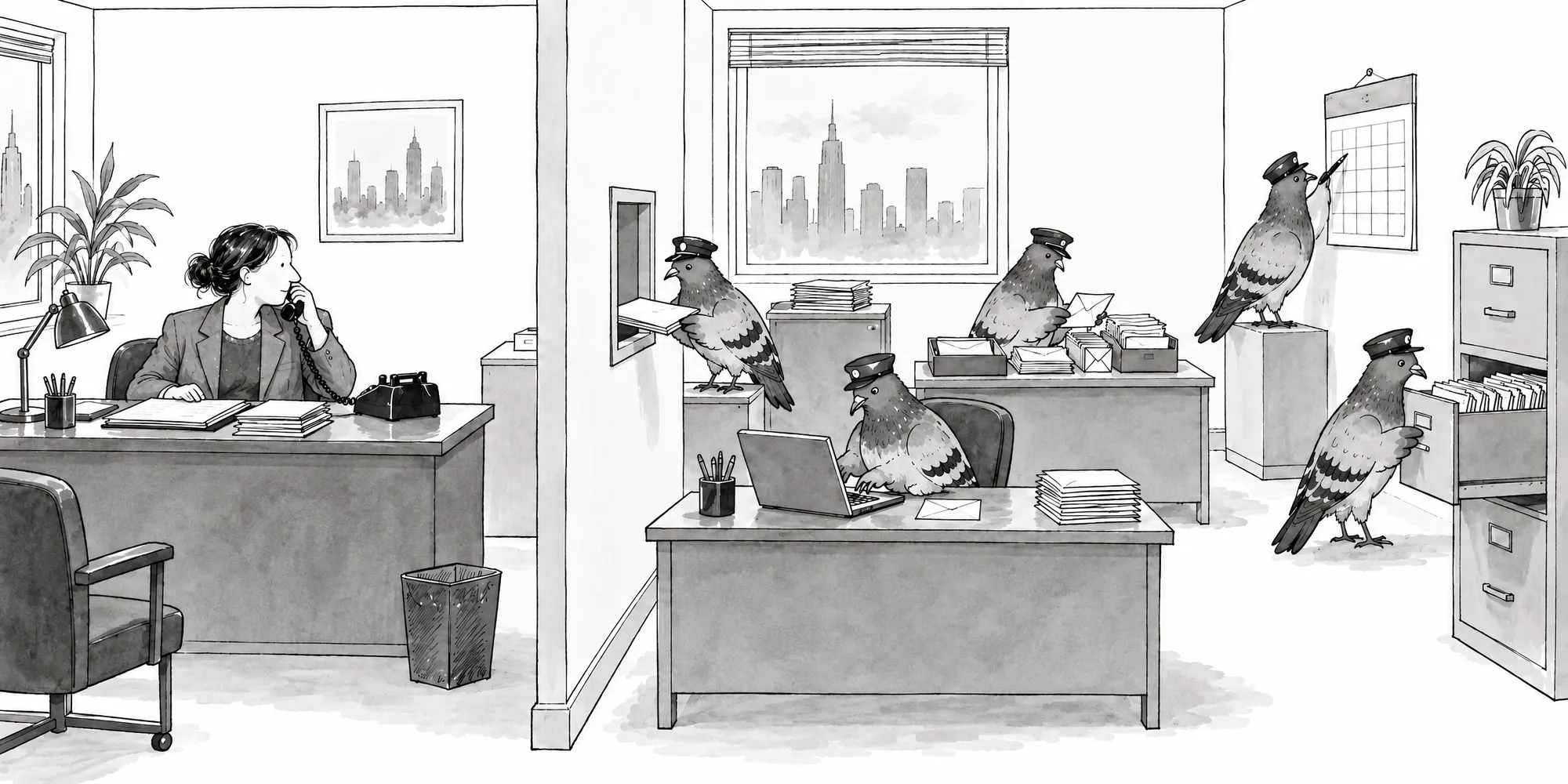 One office split by a wall: a recruiter on the phone at her desk, and behind the wall pigeons in postal caps filing, typing, sorting mail and passing a folder through a hatch