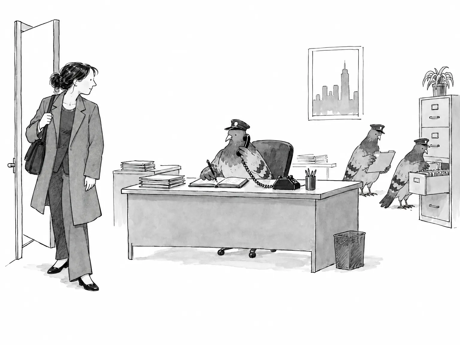 Five o’clock: the recruiter heads out in her coat while a pigeon in a postal cap sits at her desk on the phone, and two more file in the back