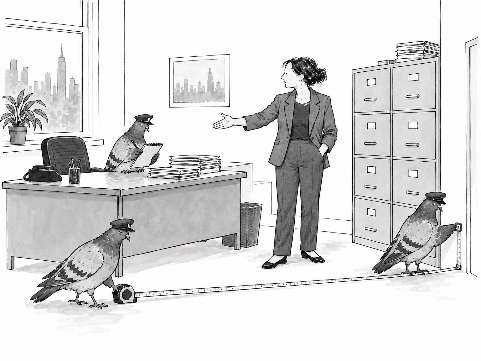 A recruiter shows three pigeons around her office while they measure it
