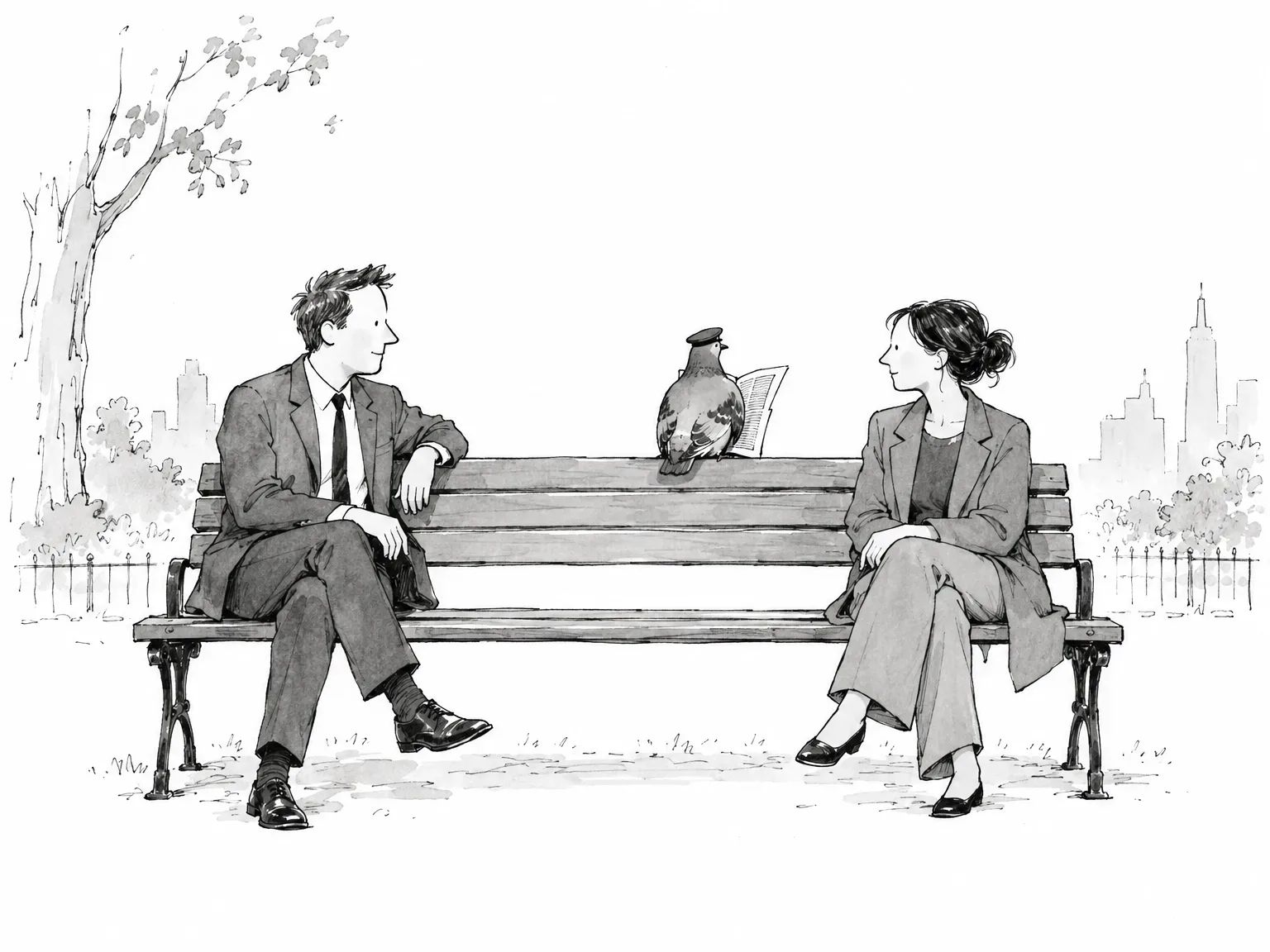 A recruiter and a candidate talk on a park bench while a pigeon in a postal cap sits between them reading the paper