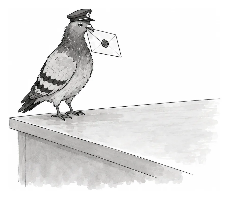 A pigeon in a postal cap on the edge of a desk, a wax-sealed envelope in its beak, ready to go