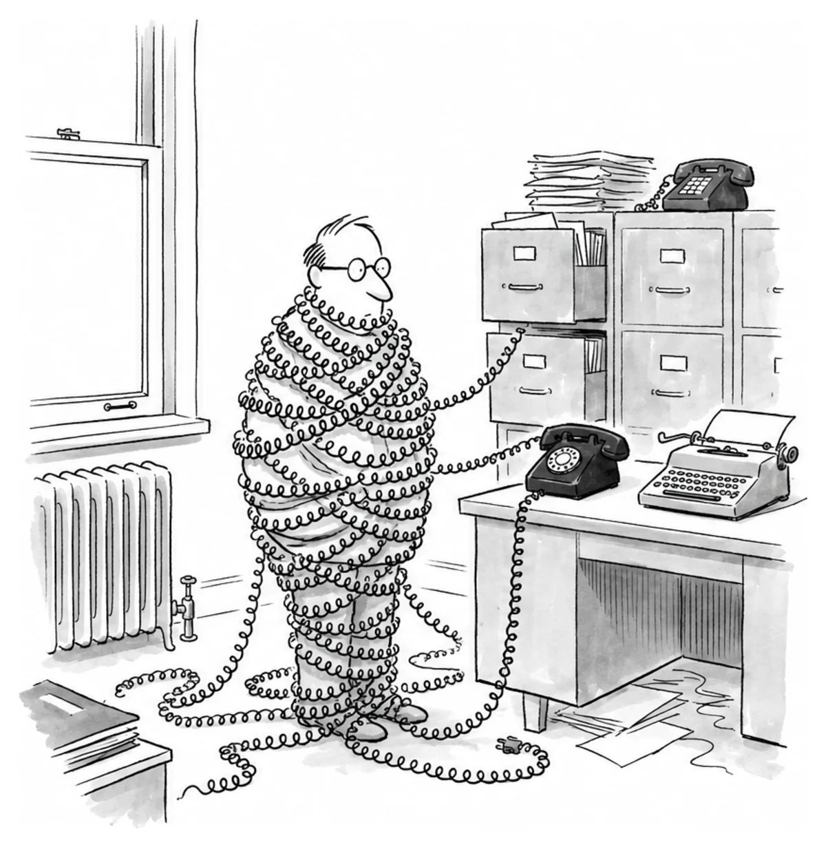 A man at his desk wrapped head to toe in coiled telephone cord, only his glasses showing, the phone still plugged in