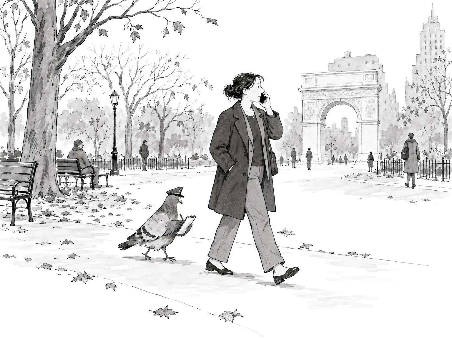 A recruiter talks on her phone walking through Washington Square Park, a pigeon in a postal cap walking alongside taking notes